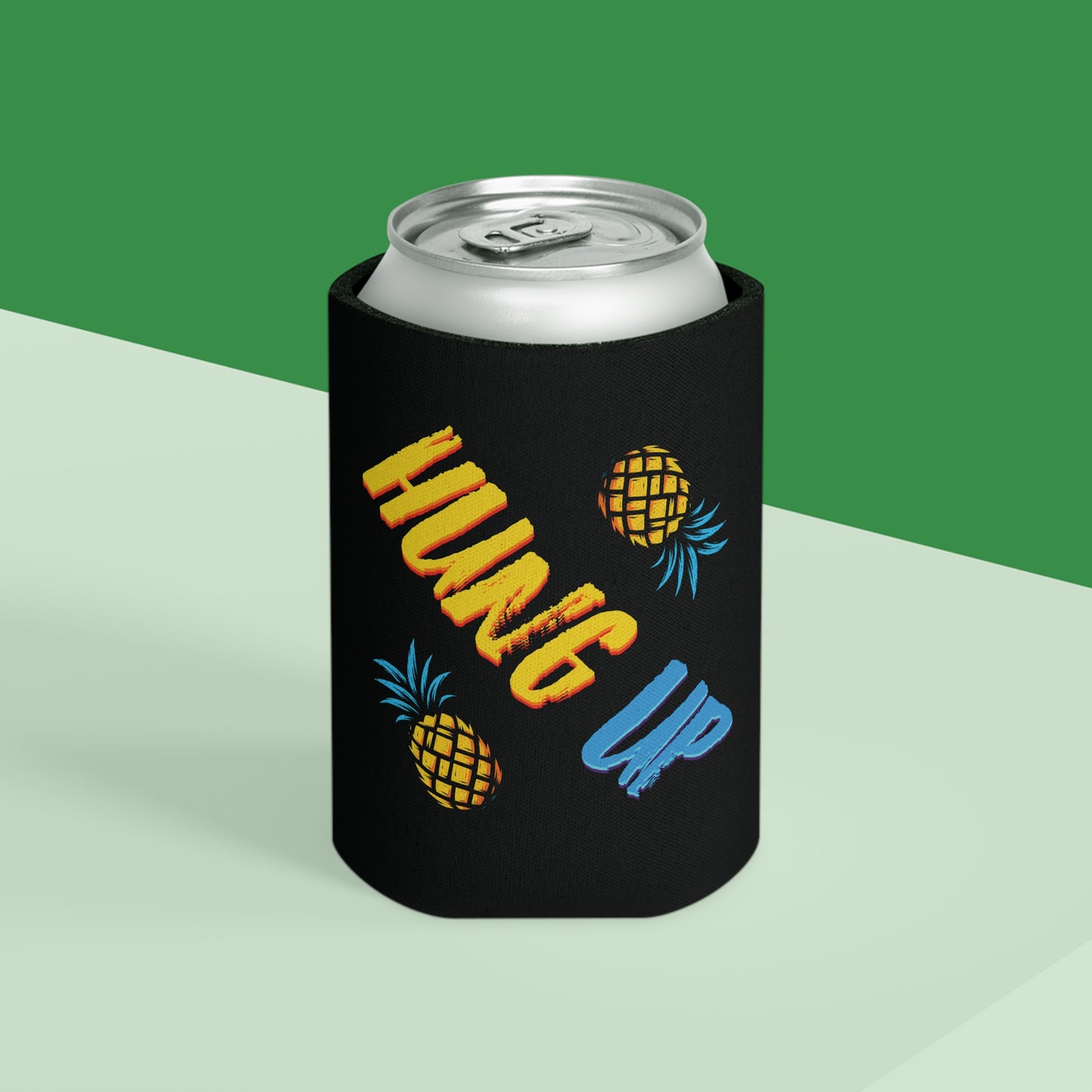 Hung Up Band Pineapple Can Cooler – Regular & Slim Can Koozie, Tropical Drink Holder for Beer, Seltzer, BBQ, Beach & Music Fans