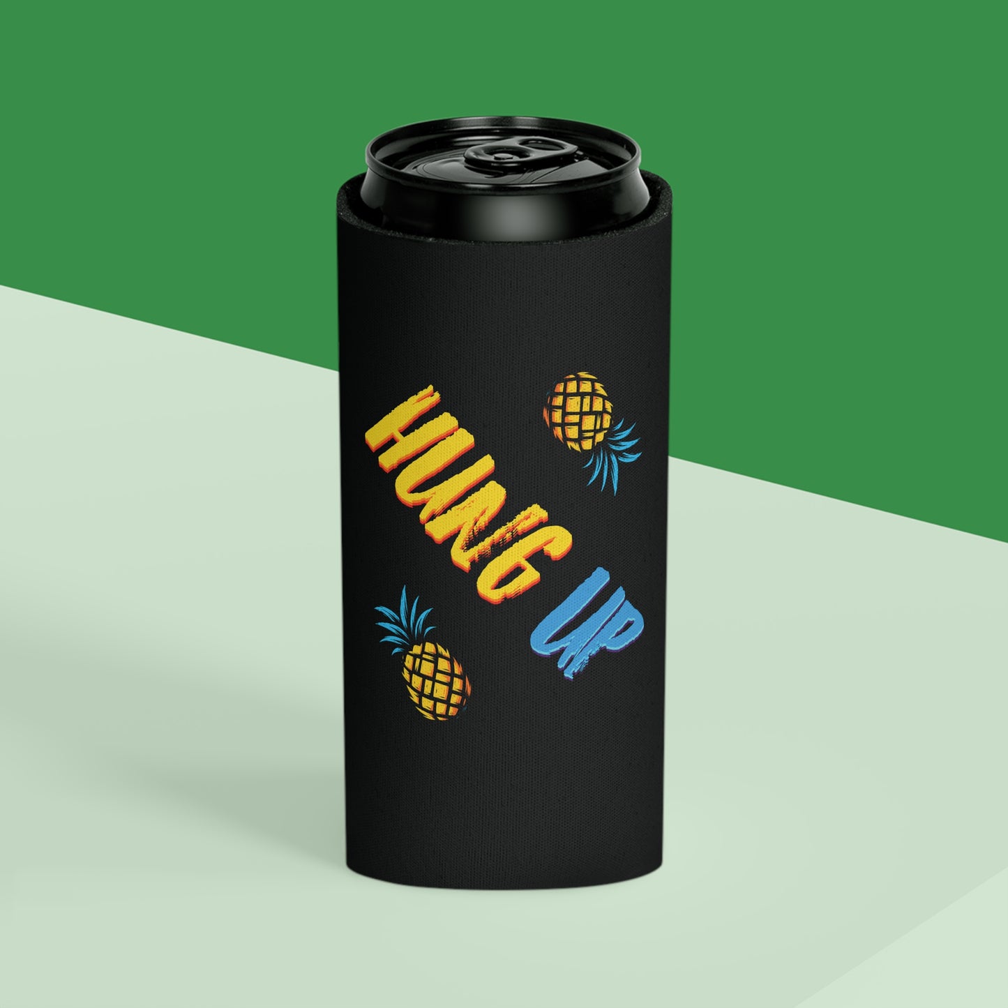 Hung Up Band Pineapple Can Cooler – Regular & Slim Can Koozie, Tropical Drink Holder for Beer, Seltzer, BBQ, Beach & Music Fans